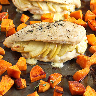 Apple Gouda Stuffed Chicken Breasts with Smoky Roasted Sweet Potatoes